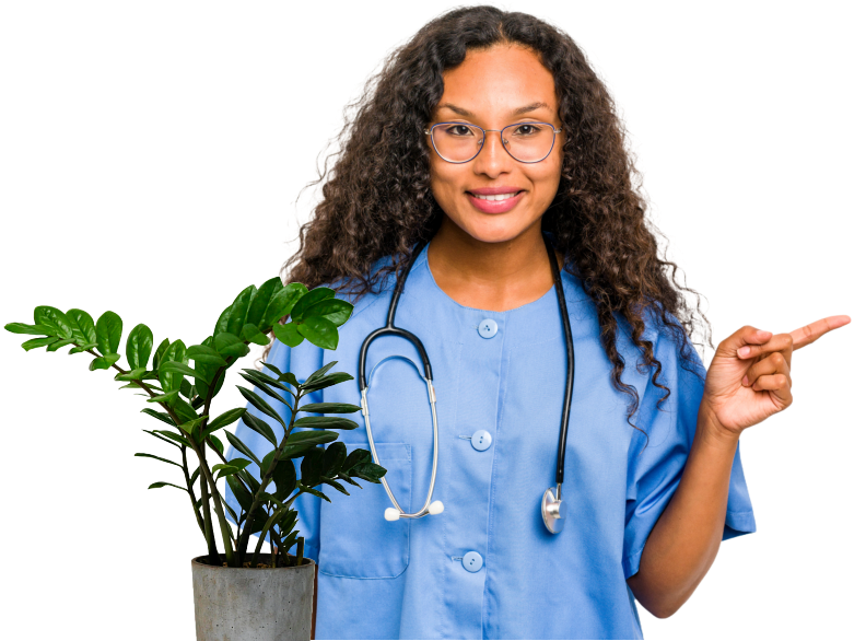 Female curly nurse pointing her index finger